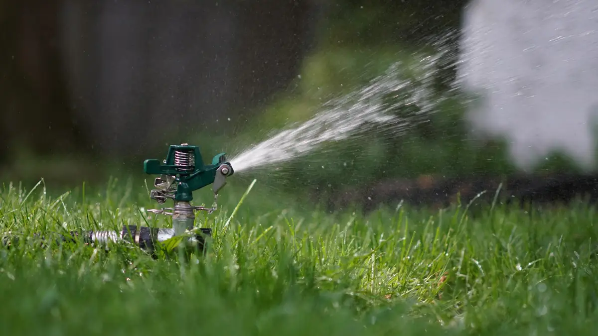 An impact sprinkler spraying water across a green lawn